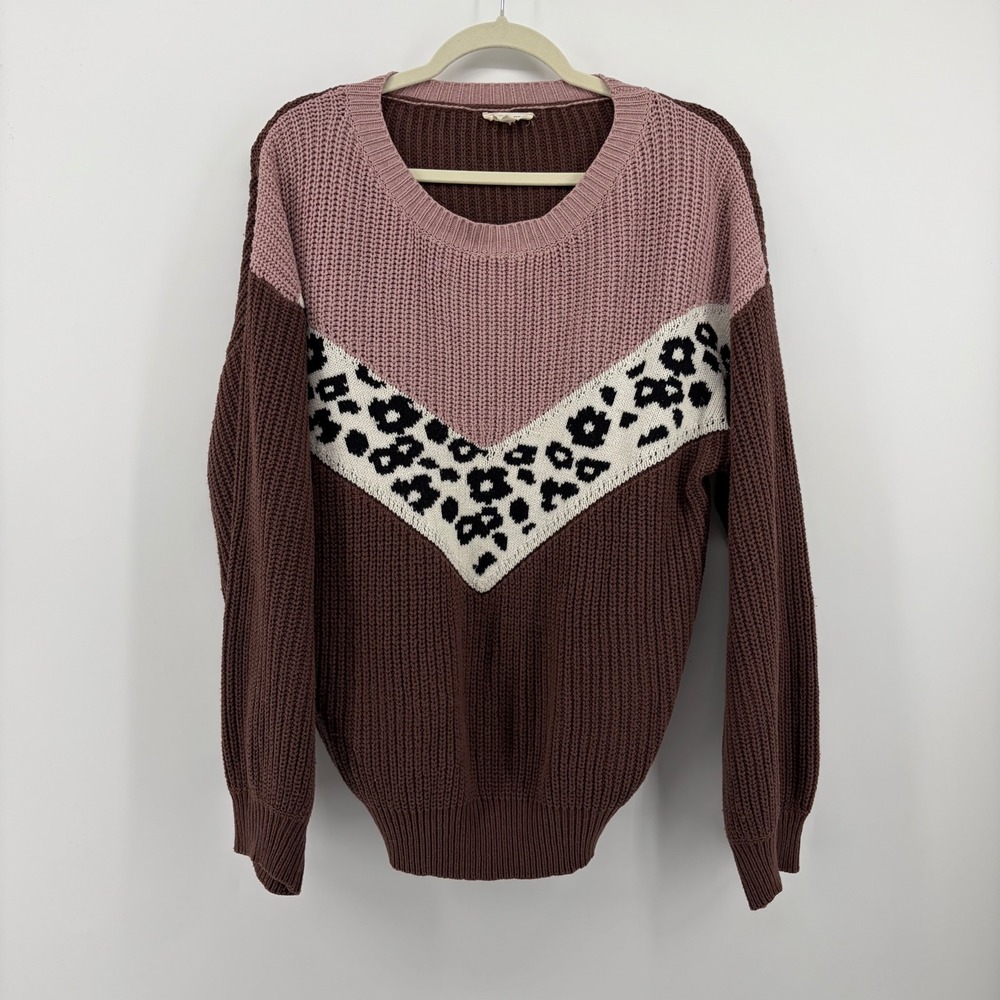 ee:some Sweater Brown Pink Womens S/M Leopard Print Chevron Chunky Knit Pullover